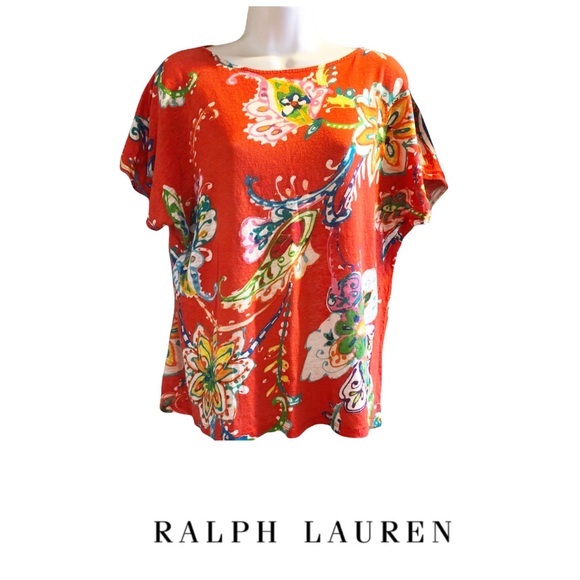 Ralph Lauren 💯 Linen Printed Floral Multi Colored Top Size M - Picture 1 of 4